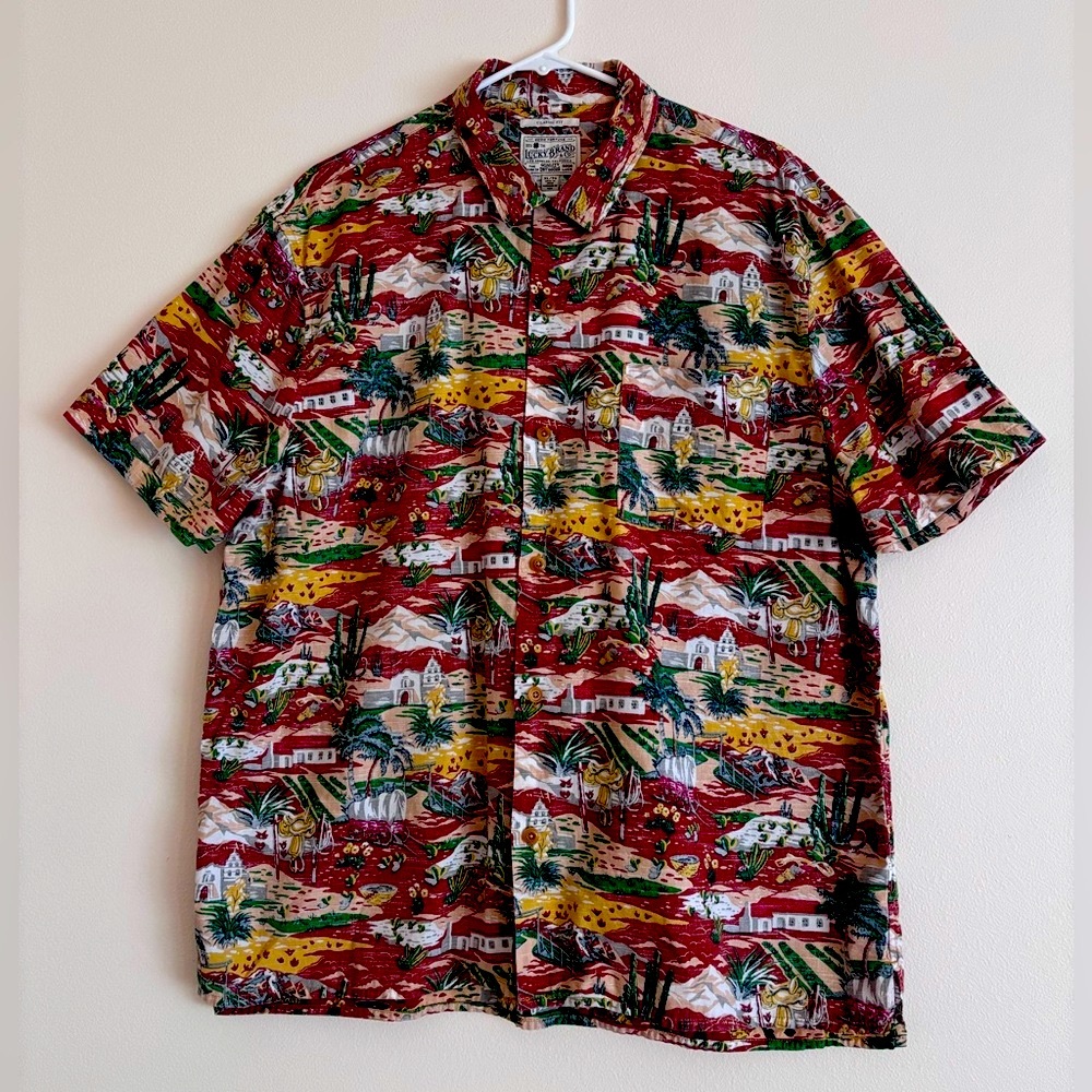 Lucky Brand Red Brown Western Rodeo Casual Button Down Shirt